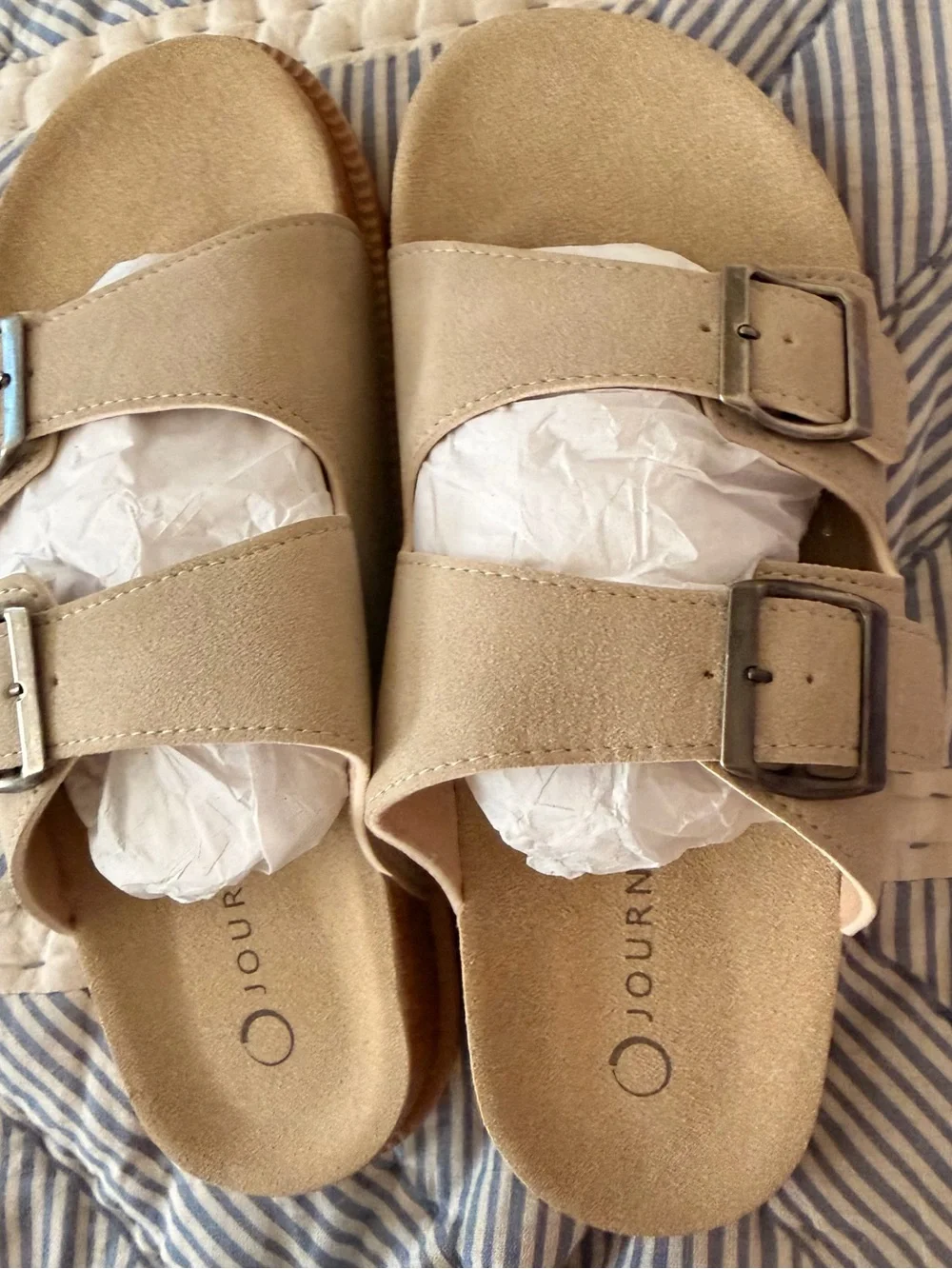 Journee Collection Beige Double-Buckle Slide Sandals with Metal Buckles